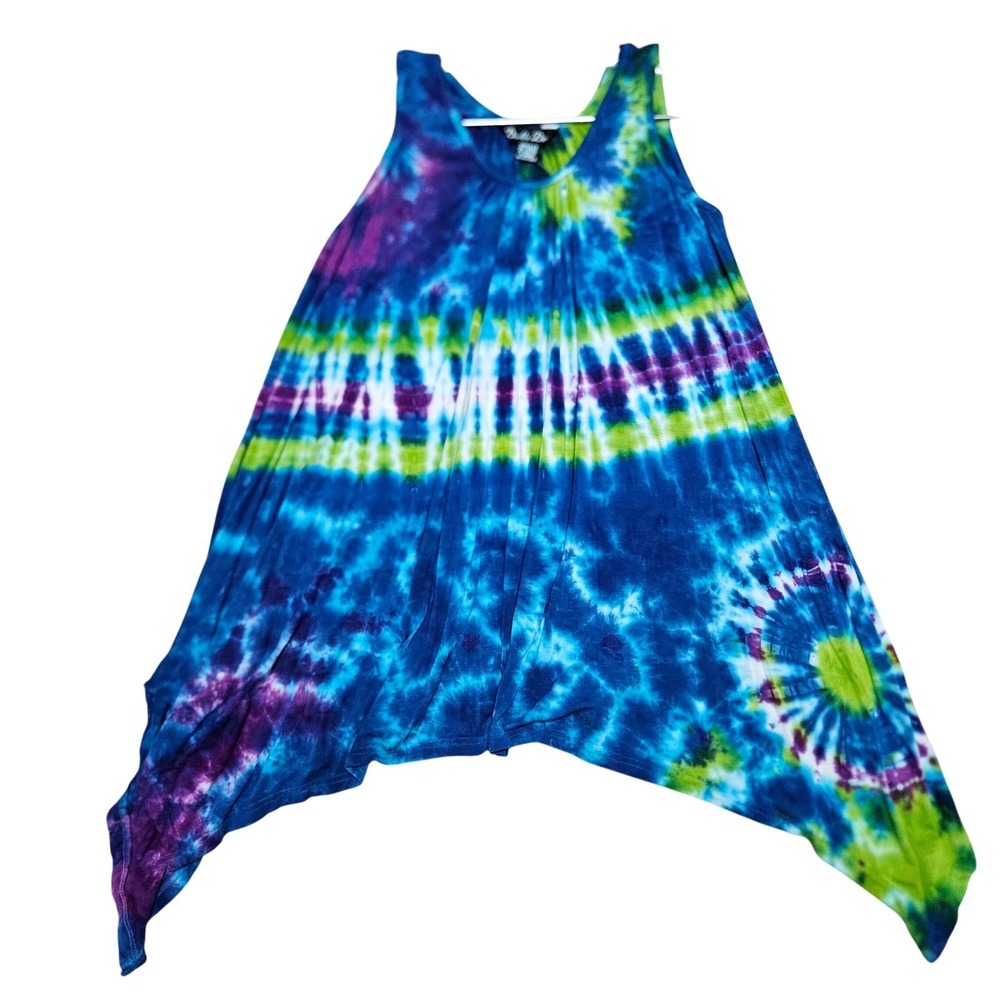 Tie Dye Sharkbite Hem Sleeveless Boho Tank Top Womens Medium Blue Green Groovy